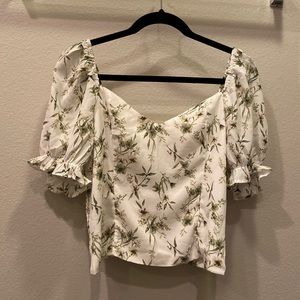 Smocked white floral puffed sleeves crop top